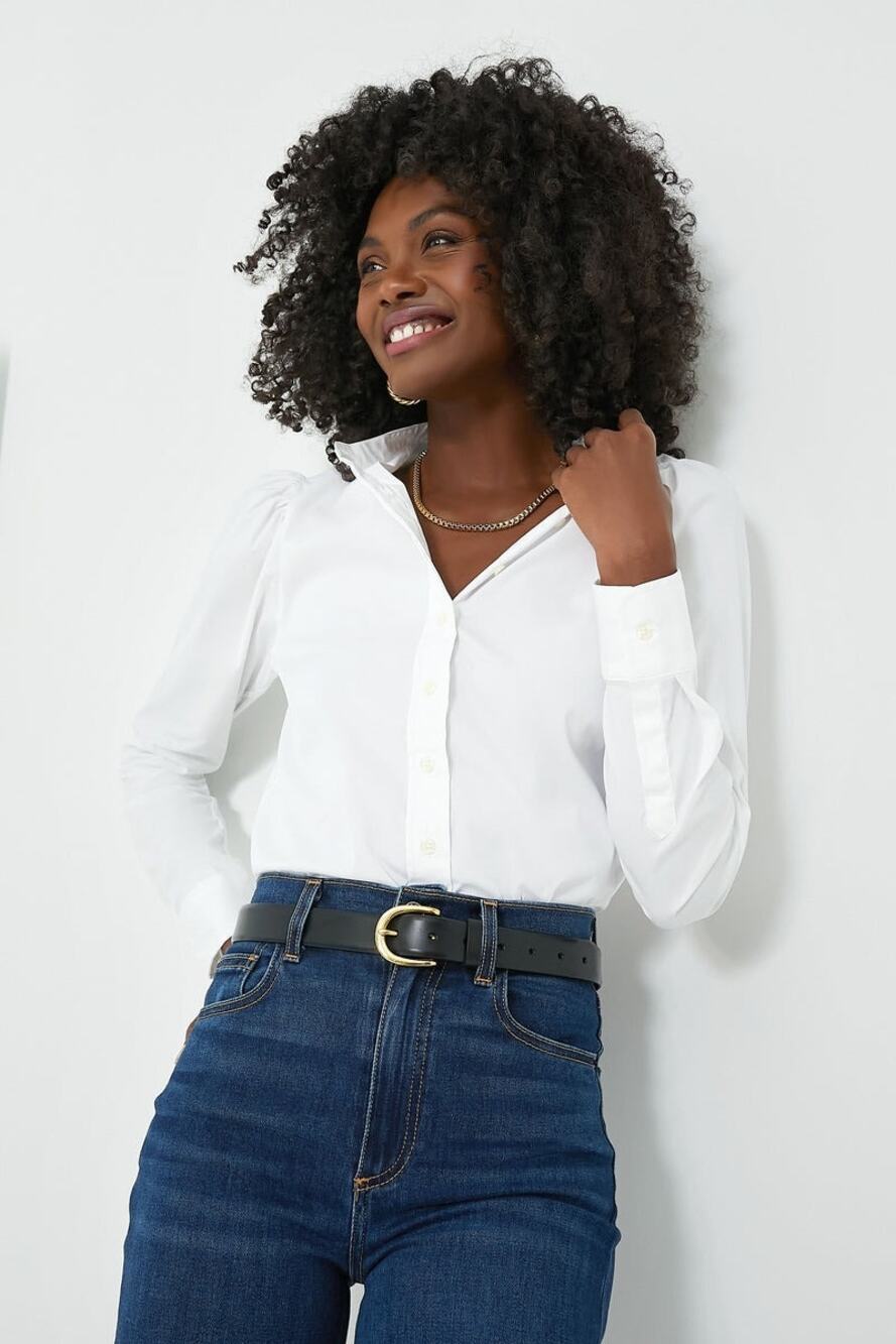 THE SHIRT BY ROCHELLE BEHRENS White Puffed Shoulder Shirt Size XL NWT